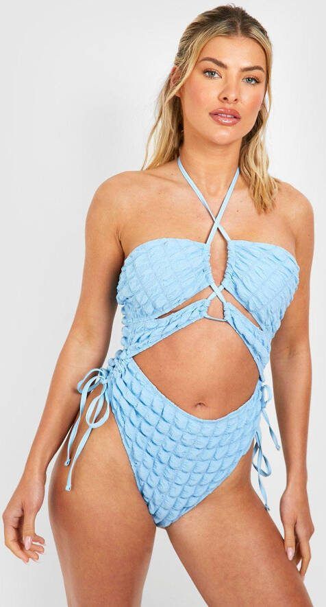 boohoo Popcorn Halter Cut Out Badpak Met Textuur, Light Blue