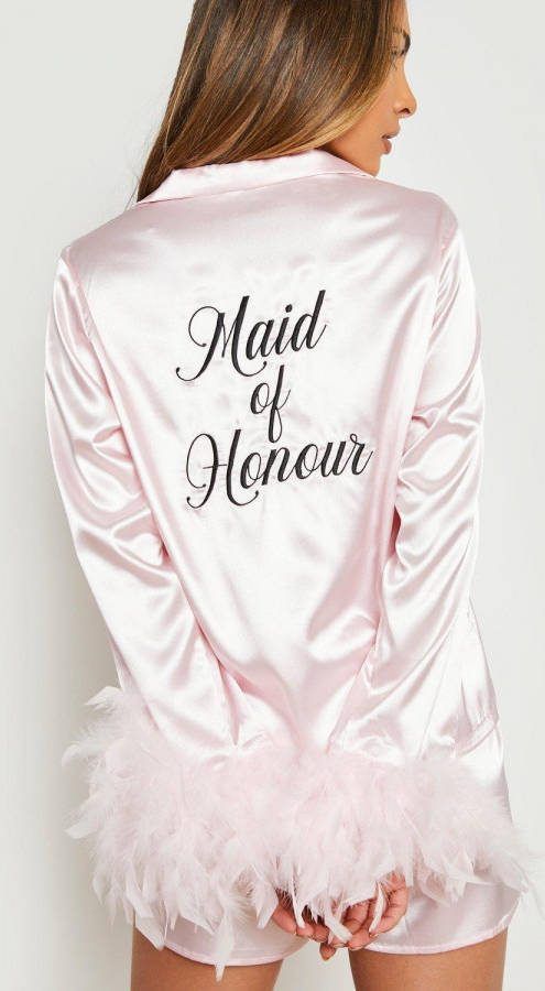 boohoo Premium Maid Of Honour Set Met Shorts En Veren, Rose Gold