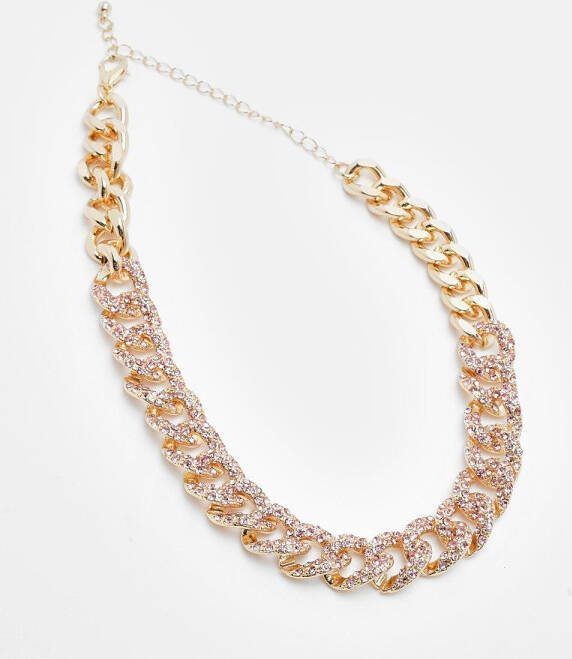 boohoo Roze Schakel Choker Ketting Met Steentjes, Gold