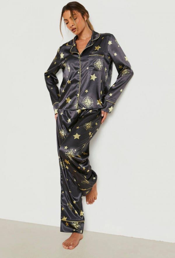 boohoo Satijnen Maan En Sterren Pyjama Set Met Broek, Black