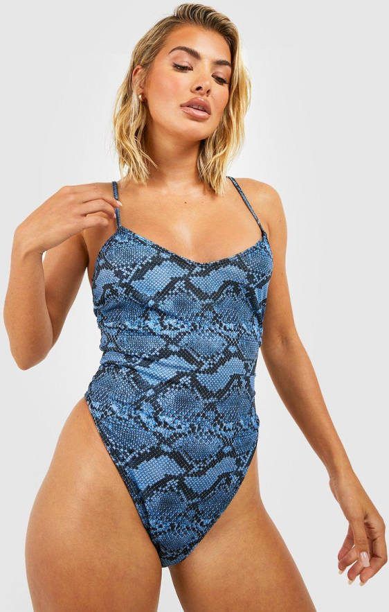 boohoo Slangenprint Badpak Met Laag Decolleté, En Bandjes, Mid Blue