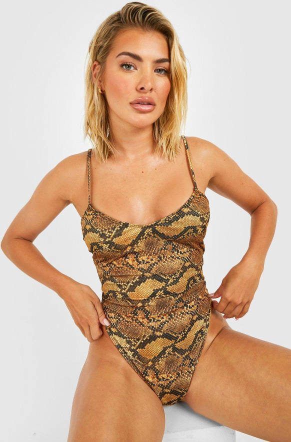 boohoo Slangenprint Badpak Met Laag Decolleté, En Bandjes, Mustard
