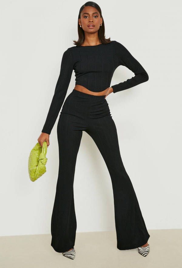 boohoo Strakke Crop Top Met Lange Mouwen En Flared Broek, Black