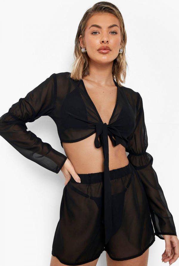 boohoo Strand Set Met Top Met Strik En Shorts, Black