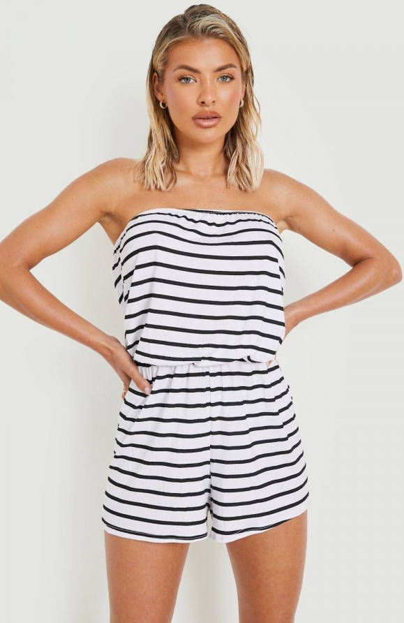 boohoo Strapless Jersey Nautische Strand Romper, Black