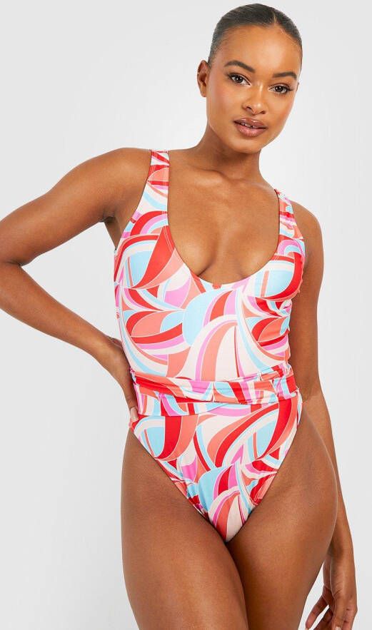 boohoo Tall Abstracte Gekleurde Badpak Met Ceintuur, Strik En Lage Ronde Hals, Multi
