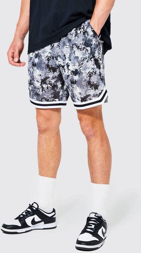 boohoo Tall Geribbelde Gestreepte Mesh Camouflage Print Shorts, Grey