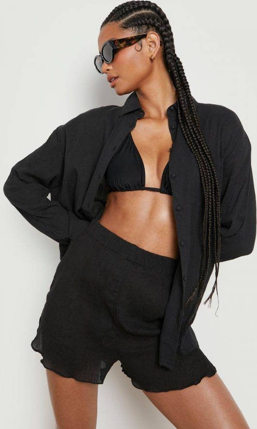boohoo Tall Geweven Strand Shorts Met Elastische Taille, Black