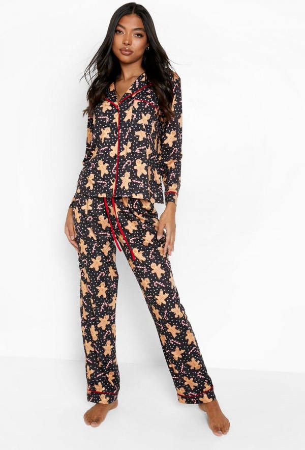 boohoo Tall Gingerbread Kerst Pyjama Set, Black