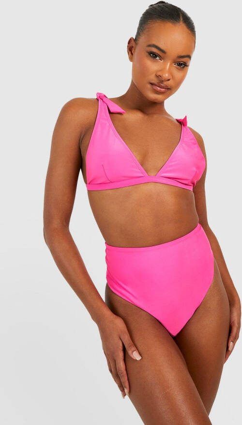 boohoo Tall High Waist Bikini Set Met Schouderstrikjes En Laag Decolleté,, Pink
