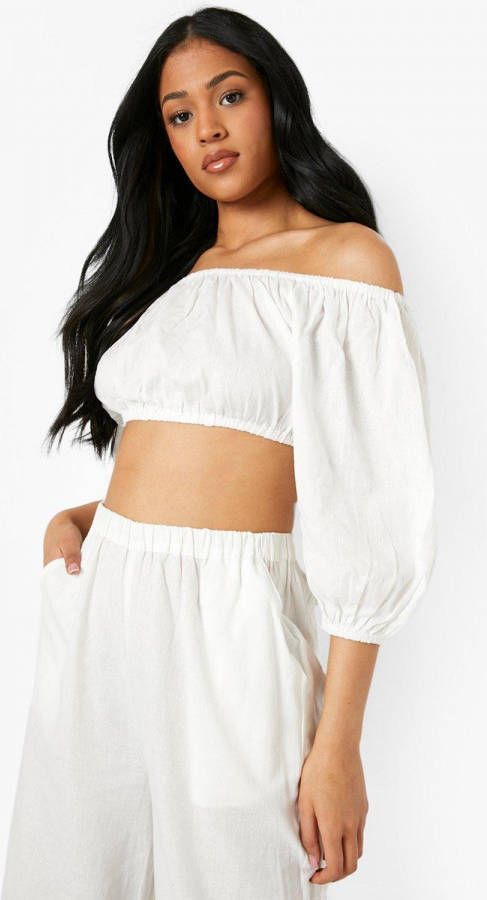boohoo Tall Katoenen Off Shoulder Crop Top Met Pofmouwen, White