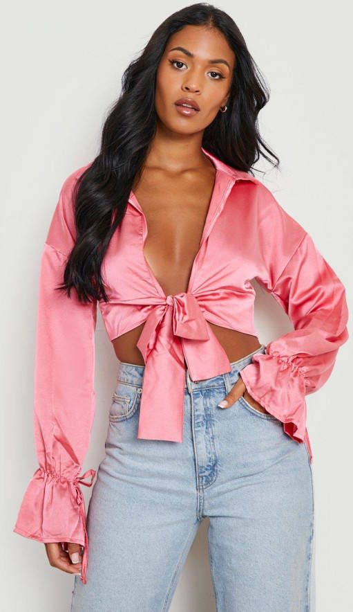boohoo Tall Satijnen Blouse Met Strik, Pink