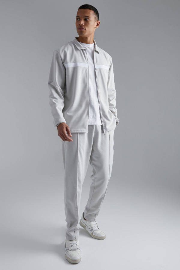boohoo Tall Slim Fit Harrington Jas En Toelopende Joggingbroek Set, Grey