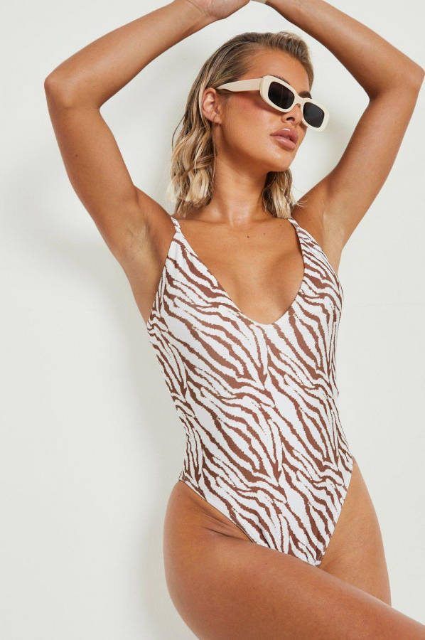 boohoo Tijgerprint Badpak Met Laag Decolleté,, Cream
