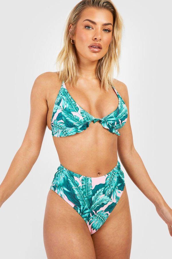 boohoo Tropische High Waist Bikini Set Met Ruches, Pink