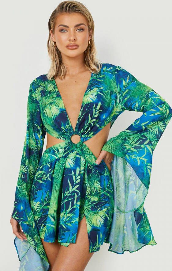 boohoo Tropische Premium Mini Jurk Met O Ring En Mouwen, Green