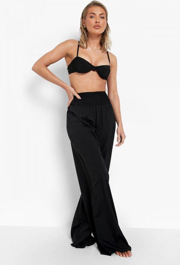 boohoo Wide Leg Strand Broek Met Geplooide Taille Band, Black