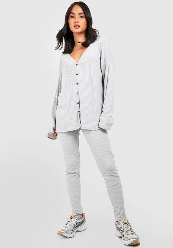 boohoo Zachte Geribbelde Gebreide Baggy Cardigan En Leggings Set, Silver