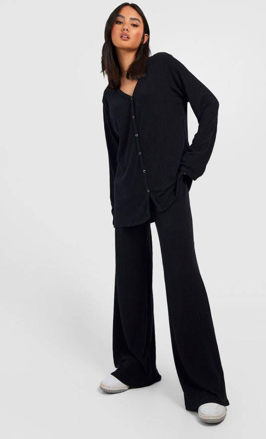 boohoo Zachte Geribbelde Gebreide Cardigan En Baggy Broek Set, Black