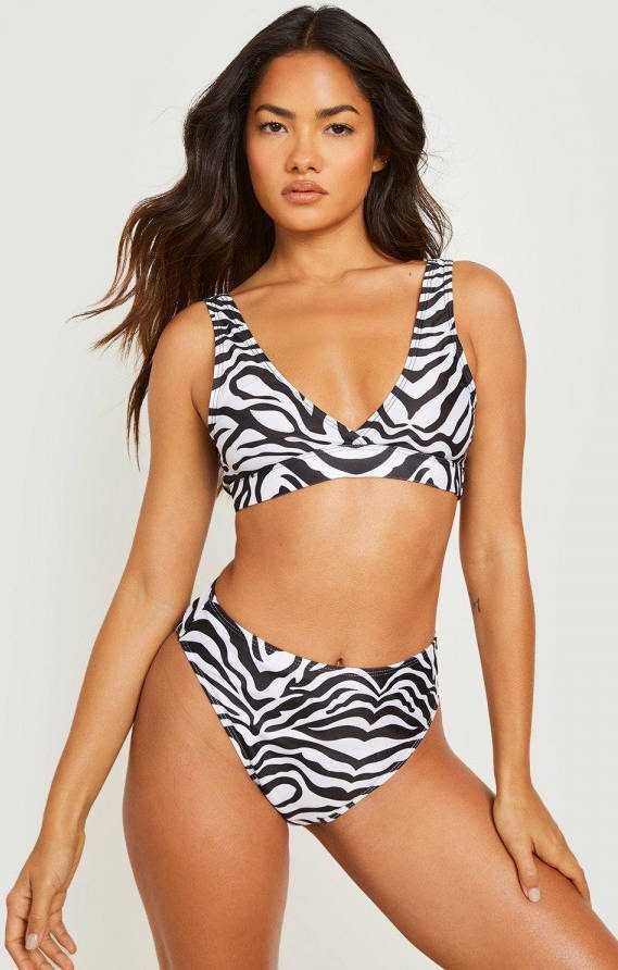boohoo Zebraprint Driehoekige Bikini Top Met Laag Decolleté,, Black