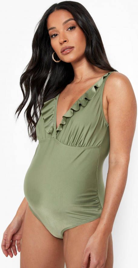 boohoo Zwangerschap Badpak Met Franjes En Laag Decollet&#xE9,, Khaki