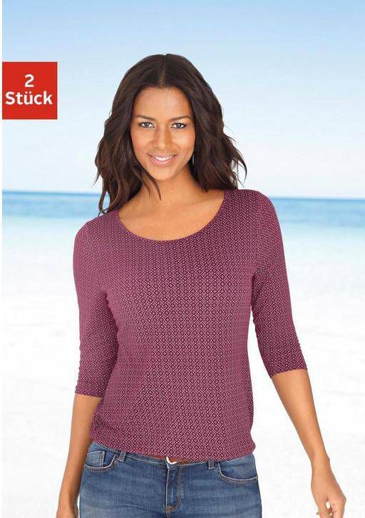 Lascana Shirt met 3/4 mouwen met modieuze cut out in de nek(Set van 2 )