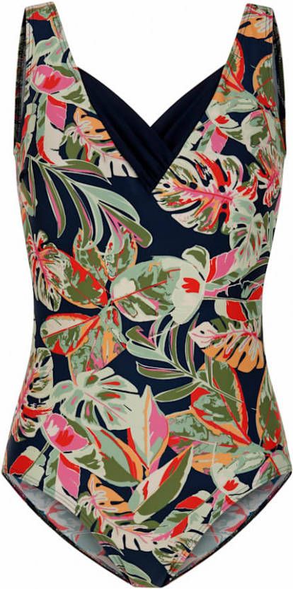 maritim Badpak met modieuze bladerenprint Marine/Groen/Oranje