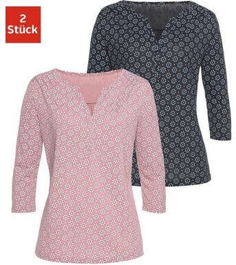 Lascana Shirt met 3/4 mouwen met kleine schouderrimpeling(set, Set van 2 )